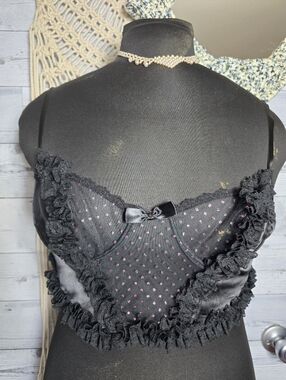 Vtg 80's Coquette Romantic Gothic Sheer Black Ruffle Lace Pink Polka Dots Bra